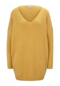 Pull en maille jaune moutarde avec un col en V profond, des manches longues et des poignets et un bas côtelés.
