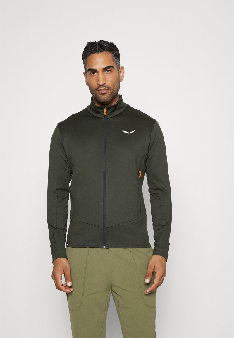 Dark green zip-up jacket made of smooth, stretchy fabric. Features a high collar, subtle logo, and orange zipper accents.