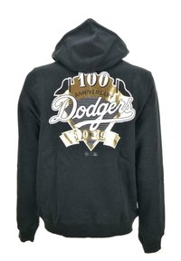 Felpa nera con cappuccio caratterizzata da un design grafico sul retro con "100 Anniversario" e "Dodgers" in bianco e oro.