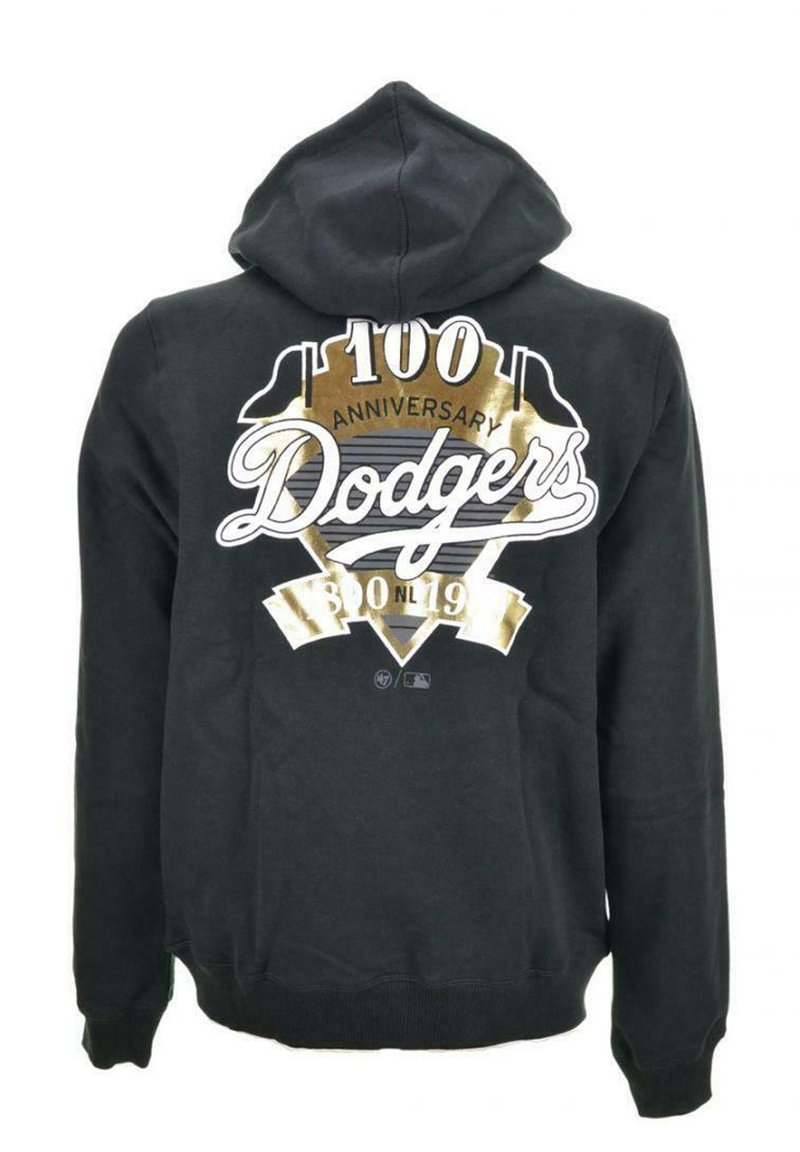 Sudadera con capucha negra que presenta un diseño gráfico en la parte posterior con "100 Aniversario" y "Dodgers" en blanco y dorado.
