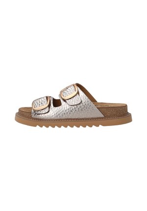 Metallic silver slide sandals with two adjustable brown buckle straps. Cork footbed, textured upper, and a durable, ridged rubber sole.