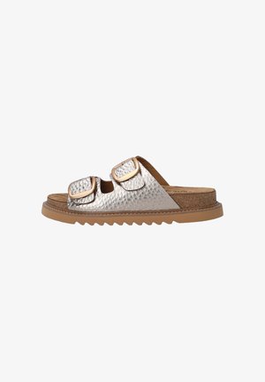 Metallic silver slide sandals with two adjustable brown buckle straps. Cork footbed, textured upper, and a durable, ridged rubber sole.