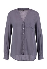Blouse grise à manches longues avec décolleté en V, fermeture par boutons, poche poitrine unique et ourlet arrondi, fabriquée à partir d'un tissu lisse et léger.