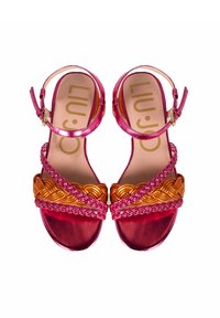 Sandali con tacco alto in metallo rosa, con cinturini intrecciati arancioni e rosa. Presentano una fibbia alla caviglia, una texture liscia, un design con punta aperta e una soletta imbottita.