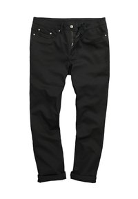 Pantalones de mezclilla negra con un diseño de pierna recta, que incluyen un cierre de cremallera, cinco bolsillos, remaches de metal y dobladillos enrollados. Tela suave y resistente.