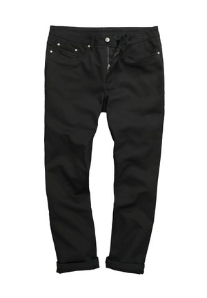 Pantalon en denim noir avec une coupe droite, doté d'un zip, de cinq poches, de rivets en métal et de manches retroussées. Tissu lisse et résistant.