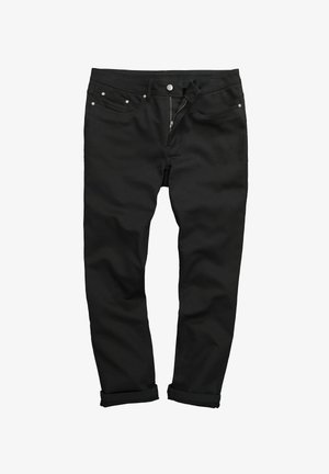 Sorte denimbukser med lige ben, der har lynlås, fem lommer, metalnitter og opfoldede stumpe. Glat, solidt stof.