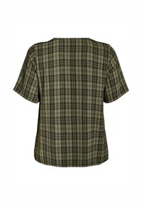 Korte mouwen, achterkantweergave, geruit shirt in olijfgroen en donkerbruin. Losse pasvorm met een zachte textuur en rechte zoom. Geen zichtbare hardware.