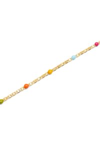 Bracciale in oro con perline rotonde distribuite uniformemente nei colori verde, arancione, giallo, blu e rosa su uno sfondo bianco.