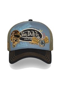 Casquette snapback bleu et khaki avec broderie de crâne, ailes et graphiques d'œil, dotée d'un visière noire et d'accents cousus.