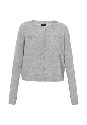Grauer Strickcardigan mit langen Ärmeln, rundem Ausschnitt, vorderem Knopfverschluss und zwei Brusttaschen. Weiche Textur, verkürztes Design.