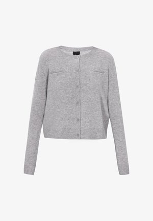 Cárdigan gris de punto con mangas largas, cuello redondo, cierre frontal de botones y dos bolsillos en el pecho. Textura suave, diseño corto.