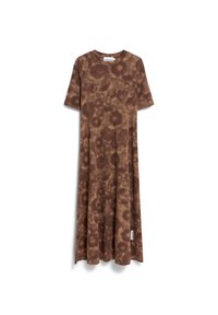 Brown tie-dye short-sleeve dress with a relaxed fit, round neckline, and flared silhouette. Soft fabric with a subtle texture. Tag on the side.