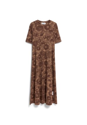 Braun batik kurzes Kleid mit entspanntem Schnitt, rundem Halsausschnitt und ausgestellter Silhouette. Weicher Stoff mit subtiler Textur. Etikett an der Seite.