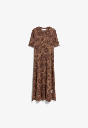 Braun batik kurzes Kleid mit entspanntem Schnitt, rundem Halsausschnitt und ausgestellter Silhouette. Weicher Stoff mit subtiler Textur. Etikett an der Seite.