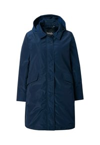 Laivastonsininen huppari sadesuoja, jossa on napitettava edusta, kaksi suurta sivutaskua ja hieman teksturoitu kiiltävä materiaali.