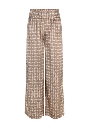 Patterned wide-leg trousers with an elastic waistband, featuring a geometric design in beige, brown, and blue tones. Soft fabric texture.