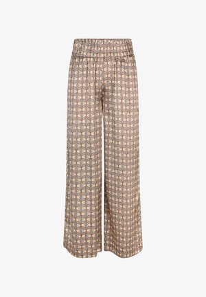 Spodnie o szerokich nogawkach z nadrukiem, posiadające elastyczny pasek w talii, z geometrycznym wzorem w odcieniach beżu, brązu i niebieskiego. Miękka tekstura materiału.