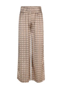 Patterned wide-leg pants with an elastic waistband. The fabric features a geometric design in tan, beige, and muted brown accents.