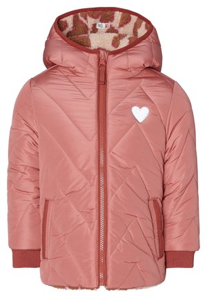 Veste matelassée rose pour enfants avec capuche, fermeture éclair sur le devant, poches latérales, poignets côtelés et écusson en forme de cœur sur la poitrine, doublée en polaire à motifs.