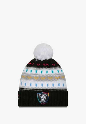 Berretto di maglia nero con una pom-pom bianca. Presenta strisce orizzontali multicolori e un patch con il logo dei Raiders sulla parte anteriore.