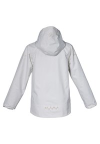 Hvid vandtæt jakke med hætte, lange ærmer og geometriske mønstre på ryggen og ærmerne i en subtil beige farve.