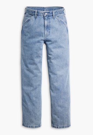 Lys blå rette jeans i denim med knapp- og glidelåslukking foran, beltehemper og skråstilte frontlommer.