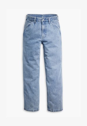 Lys blå rette jeans i denim med knapp- og glidelåslukking foran, beltehemper og skråstilte frontlommer.