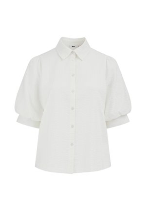 Valge lühikeste varrukatega pluus mullvarrukatega, terava krae, nööpidega esiküljel ja õrna tekstuuriga kangas.