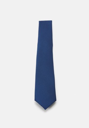 Blue, textured tie with a narrow shape and pointed end, featuring a solid color with no patterns or hardware details.