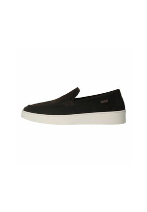 Brown suede slip-on shoes with a white rubber sole, featuring minimal stitching and a smooth, sleek design. No visible hardware or patterns.