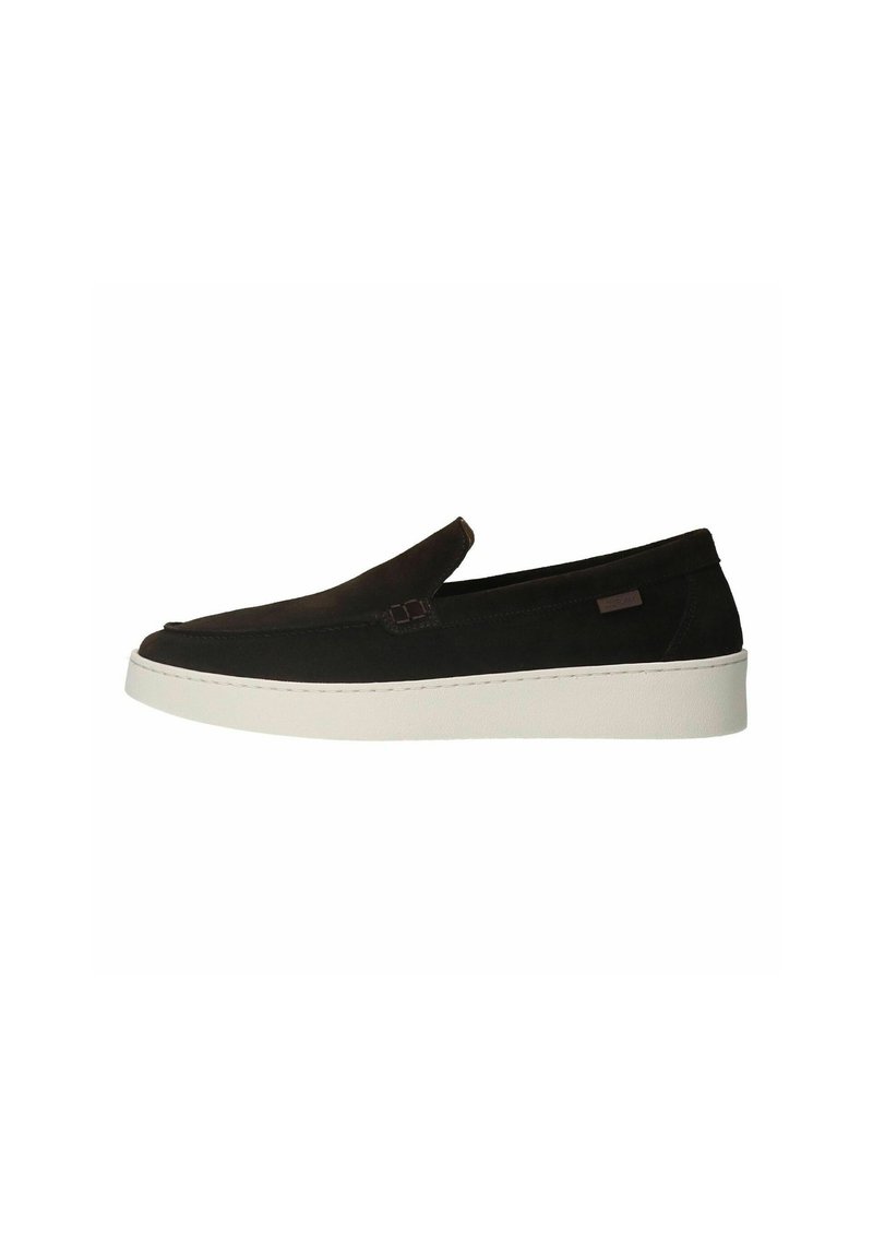 Brown suede slip-on shoes with a white rubber sole, featuring minimal stitching and a smooth, sleek design. No visible hardware or patterns.