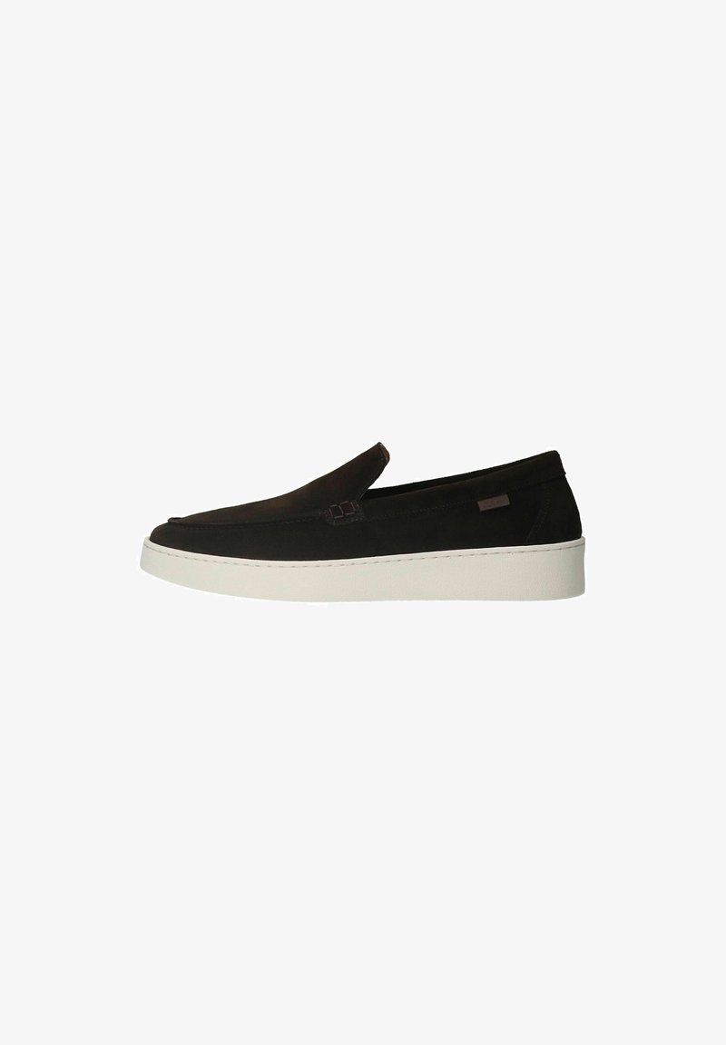 Brown suede slip-on shoes with a white rubber sole, featuring minimal stitching and a smooth, sleek design. No visible hardware or patterns.