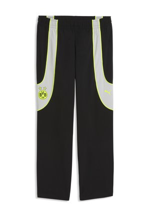 Sorte atletikbukser med grå og neon-gule sidelommer, Borussia Dortmund-logo på venstre side og Puma-logo på højre lår.