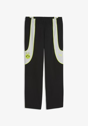 Czarne spodnie sportowe z szarymi i neonowo-żółtymi panelami bocznymi, logo Borussia Dortmund po lewej stronie oraz logo Puma na prawej nodze.