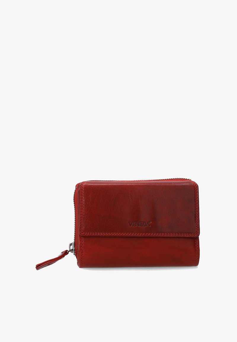 Red leather wallet with a zip closure, smooth texture, and a fold-over flap. Features embossed "Venezia" logo on the front.