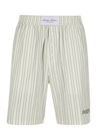 Boxers en coton rayés vert clair avec une taille à cordon, des boutons sur le devant et un détail de logo subtil en bas à gauche.