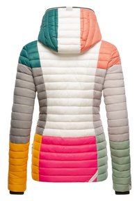 Gequilted jas met een veelkleurig ontwerp, met teal, koraal, grijs, wit, roze en gele secties. Gevoerde textuur en capuchon inbegrepen.