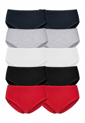 Ten pairs of women's brief underwear in black, white, grey, red, and navy. Cotton fabric with a smooth texture and elastic bands at the waist.