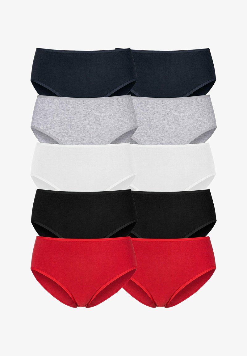 Ten pairs of women's brief underwear in black, white, grey, red, and navy. Cotton fabric with a smooth texture and elastic bands at the waist.