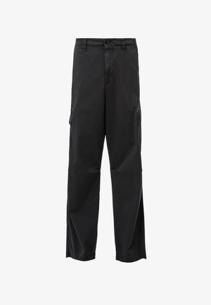 Pantalons cargo noirs avec une coupe droite, fermeture à bouton et poches latérales. Tissu lisse avec une finition mate et sans motifs visibles.