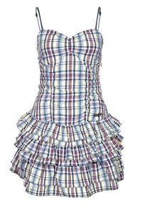 Kárované šaty v modré, červené a bílé barvě, s upnutou tělem a vrstvenou sukni s volánky, nastavitelné tenké ramínka.