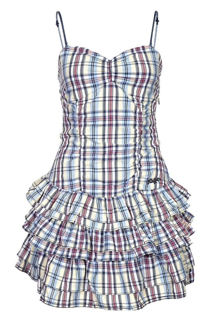 Kárované šaty v modré, červené a bílé barvě, s upnutou tělem a vrstvenou sukni s volánky, nastavitelné tenké ramínka.