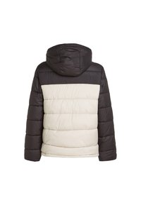 Giacca imbottita in nero e crema, con cappuccio, cuciture orizzontali, una texture liscia e blocchi di colore a contrasto sul retro.