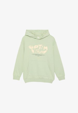 Jasnozielona bluza z kapturem z kieszenią z przodu, graficzny napis w jasnym beżu, luźny krój, ściągacze przy mankietach i u dołu. Miękka tekstura materiału.