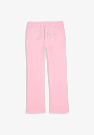 Pantaloni jogger in velluto rosa con vita elastica e vestibilità slim, caratterizzati dal logo "Juicy" in strass sul retro. Texture liscia, stile a tutta lunghezza.