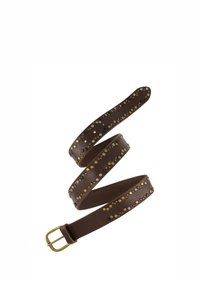 Cintura in pelle marrone con borchie in metallo dorato e argentato. Presenta una fibbia metallica rettangolare, design arrotolato con texture liscia.