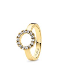 Guld ring med en cirkulär design och en halo av klara ädelstenar runt ett centralt tomt utrymme, polerad slät yta.