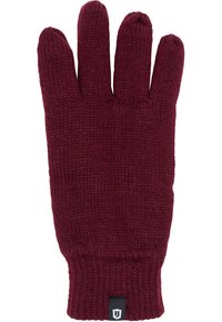 Burgunderfarbene gestrickte Handschuhe mit fünf Fingerfächern, geripptem Handgelenkbund und einem kleinen schwarzen Etikett am Saum. Weicher, strukturiertes Material.