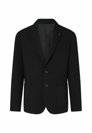 Blazer negro de hombre con dos botones frontales, solapa de muesca, un bolsillo en el pecho y dos bolsillos parche en la parte inferior sobre fondo blanco.